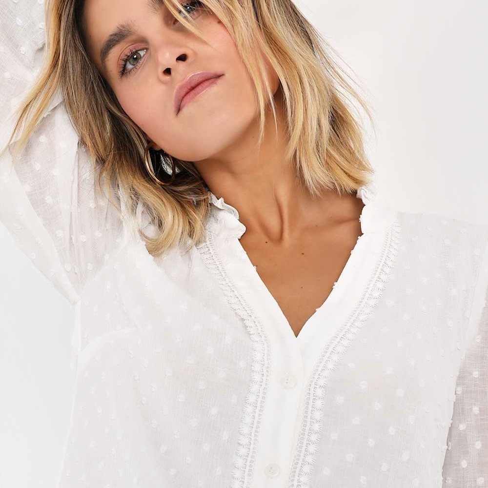 Lulu's Delightful Charm White Swiss Dot Button-Up Long Sleeve Top - Picture 4 of 5